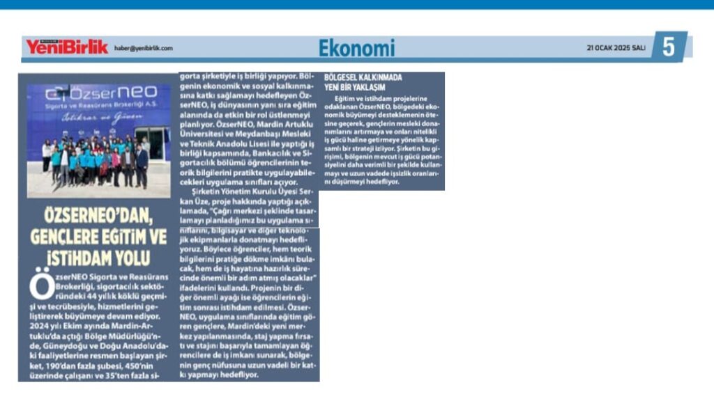 YeniBirlik Ekonomi – ÖzserNeo’dan Gençlere Eğitim ve İstihdam Desteği